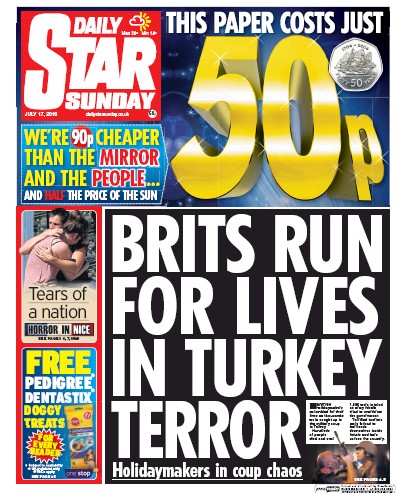 Daily Star Sunday Newspaper Front Page (UK) for 17 July 2016