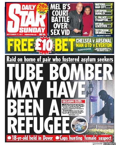 Daily Star Sunday Newspaper Front Page (UK) for 17 September 2017
