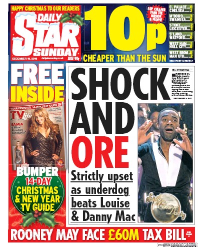 Daily Star Sunday Newspaper Front Page (UK) for 18 December 2016