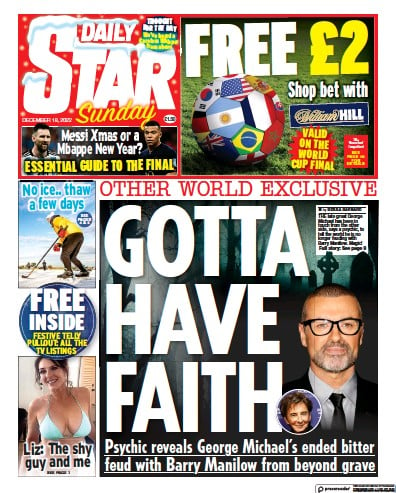 Daily Star Sunday Newspaper Front Page (UK) for 18 December 2022
