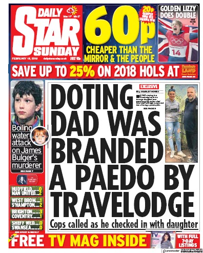 Daily Star Sunday Newspaper Front Page (UK) for 18 February 2018