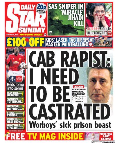 Daily Star Sunday Newspaper Front Page (UK) for 18 March 2018
