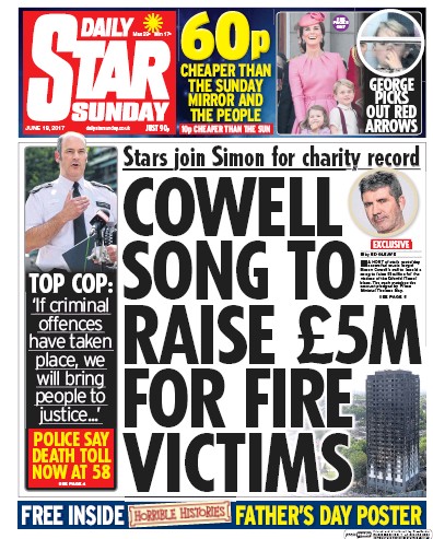 Daily Star Sunday Newspaper Front Page (UK) for 18 June 2017