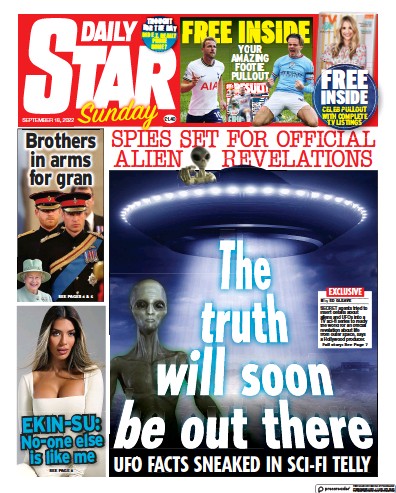 Daily Star Sunday Newspaper Front Page (UK) for 18 September 2022