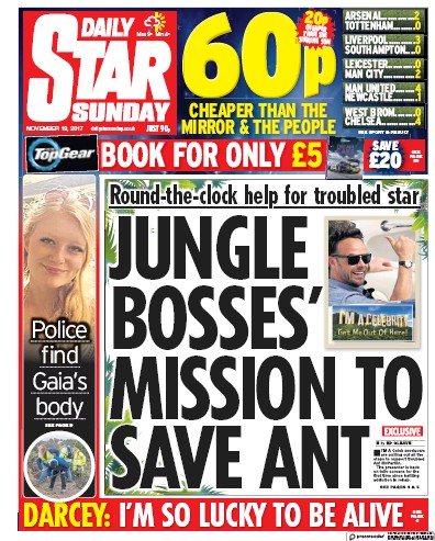 Daily Star Sunday Newspaper Front Page (UK) for 19 November 2017