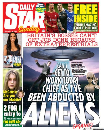 Daily Star Sunday Newspaper Front Page (UK) for 19 February 2023