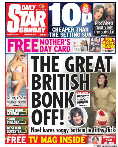 Daily Star Sunday Newspaper Front Page (UK) for 19 March 2017
