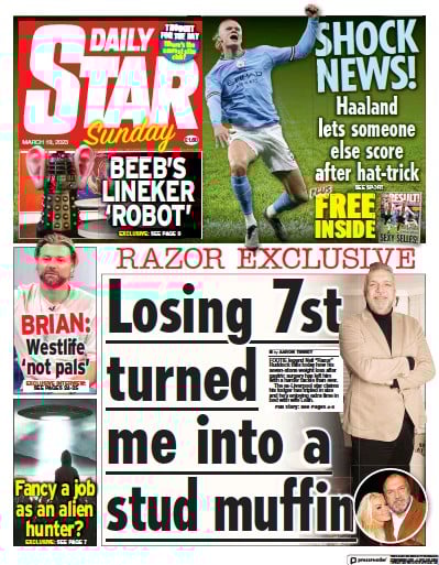Daily Star Sunday Newspaper Front Page (UK) for 19 March 2023