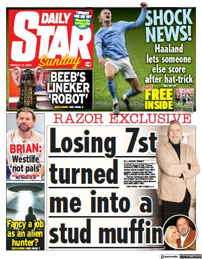 Daily Star Sunday Newspaper Front Page (UK) for 19 March 2023