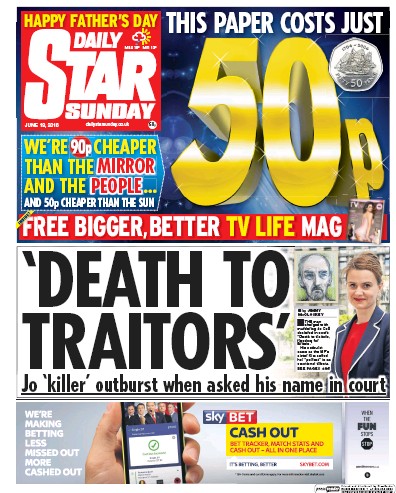 Daily Star Sunday Newspaper Front Page (UK) for 19 June 2016