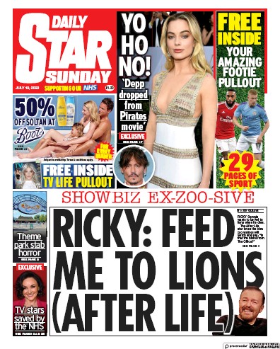 Daily Star Sunday Newspaper Front Page (UK) for 19 July 2020
