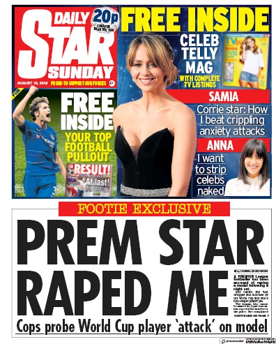 Daily Star Sunday Newspaper Front Page (UK) for 19 August 2018