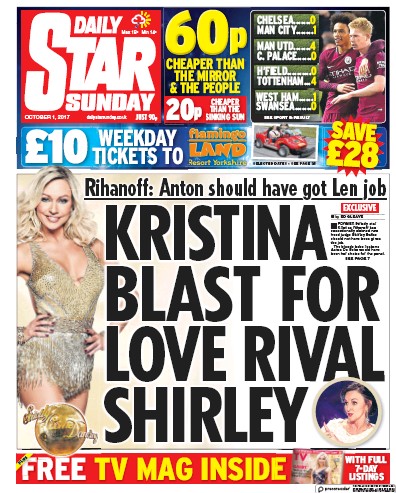 Daily Star Sunday Newspaper Front Page (UK) for 1 October 2017