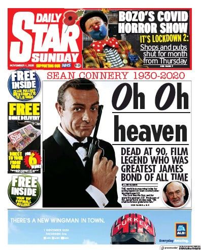 Daily Star Sunday Newspaper Front Page (UK) for 1 November 2020