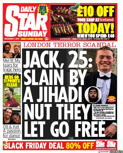 Daily Star Sunday Newspaper Front Page (UK) for 1 December 2019