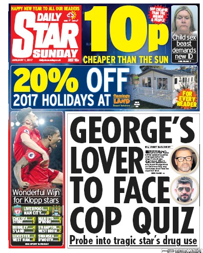 Daily Star Sunday Newspaper Front Page (UK) for 1 January 2017