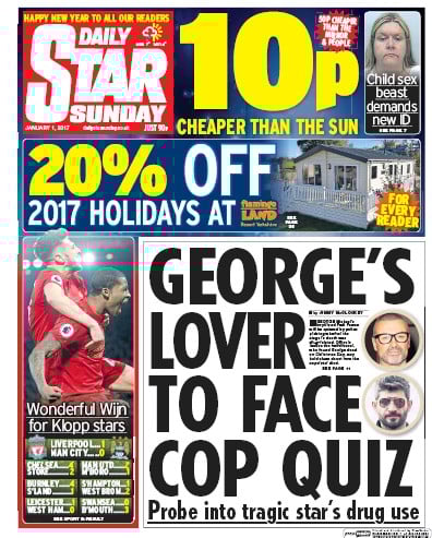 Daily Star Sunday Newspaper Front Page (UK) for 1 January 2017