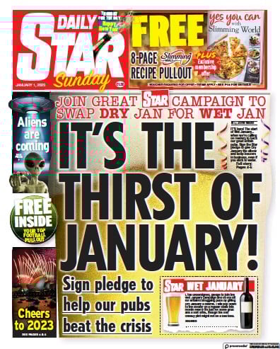 Daily Star Sunday Newspaper Front Page (UK) for 1 January 2023