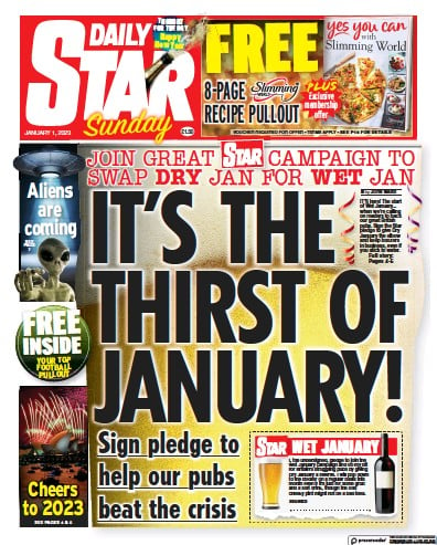 Daily Star Sunday Newspaper Front Page (UK) for 1 January 2023