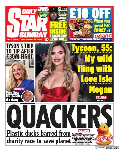 Daily Star Sunday Newspaper Front Page (UK) for 1 March 2020