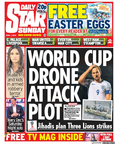 Daily Star Sunday Newspaper Front Page (UK) for 1 April 2018