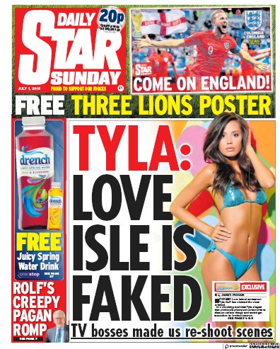 Daily Star Sunday Newspaper Front Page (UK) for 1 July 2018