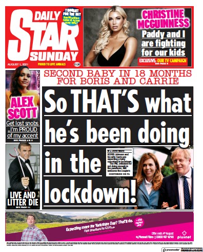 Daily Star Sunday Newspaper Front Page (UK) for 1 August 2021