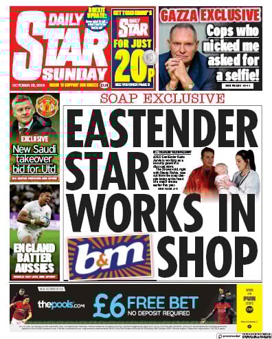 Daily Star Sunday Newspaper Front Page (UK) for 20 October 2019