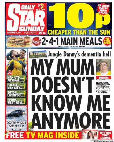Daily Star Sunday Newspaper Front Page (UK) for 20 November 2016
