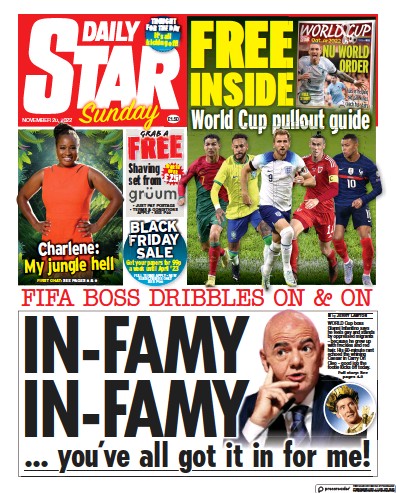 Daily Star Sunday Newspaper Front Page (UK) for 20 November 2022