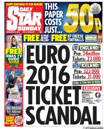 Daily Star Sunday Newspaper Front Page (UK) for 20 December 2015