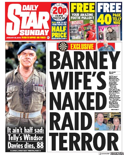Daily Star Sunday Newspaper Front Page (UK) for 20 January 2019