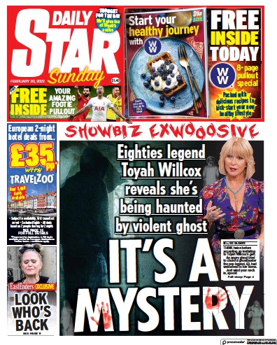 Daily Star Sunday Newspaper Front Page (UK) for 20 February 2022