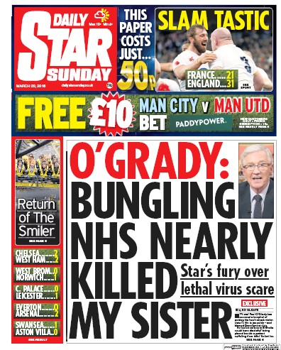Daily Star Sunday Newspaper Front Page (UK) for 20 March 2016