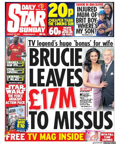Daily Star Sunday Newspaper Front Page (UK) for 20 August 2017