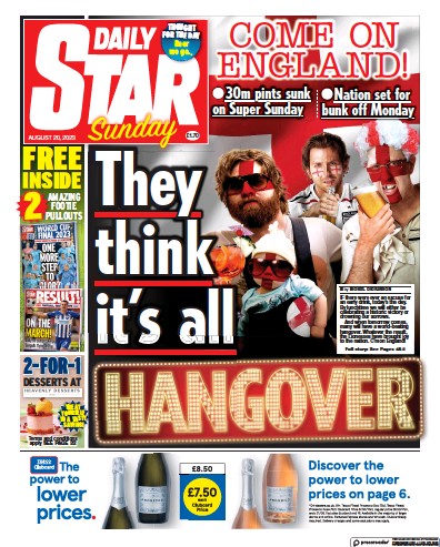 Daily Star Sunday Newspaper Front Page (UK) for 20 August 2023