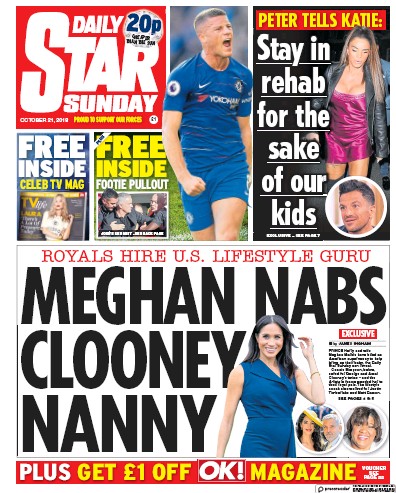 Daily Star Sunday Newspaper Front Page (UK) for 21 October 2018