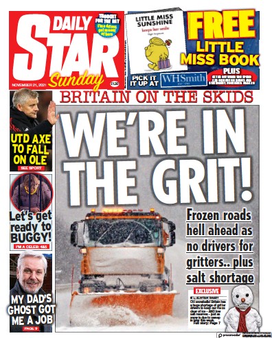 Daily Star Sunday Newspaper Front Page (UK) for 21 November 2021