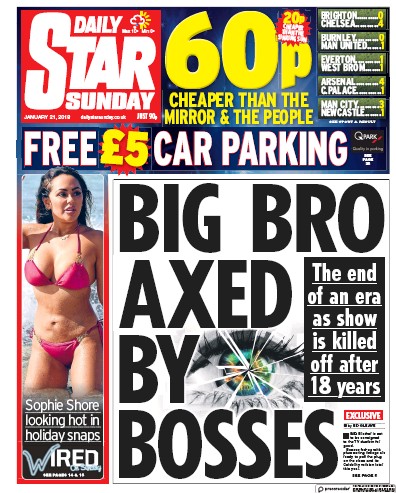 Daily Star Sunday Newspaper Front Page (UK) for 21 January 2018