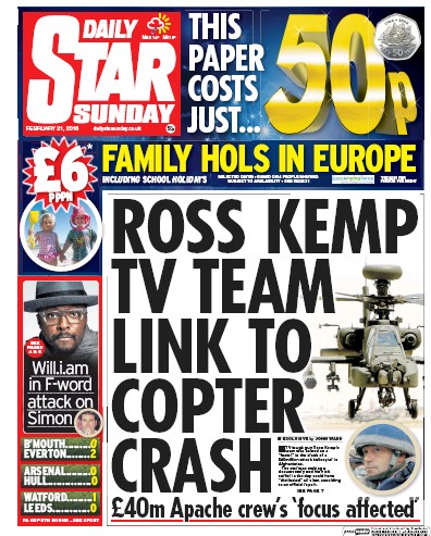 Daily Star Sunday Newspaper Front Page (UK) for 21 February 2016