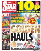 Daily Star Sunday (UK) Newspaper Front Page for 21 August 2016