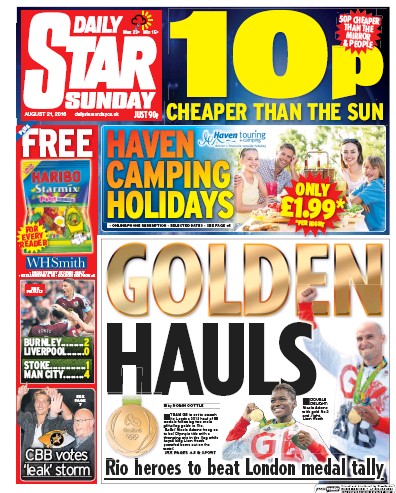 Daily Star Sunday Newspaper Front Page (UK) for 21 August 2016