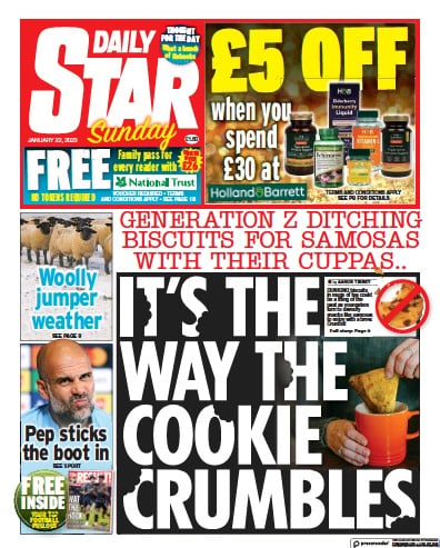 Daily Star Sunday Newspaper Front Page (UK) for 22 January 2023