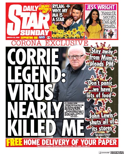 Daily Star Sunday Newspaper Front Page (UK) for 22 March 2020