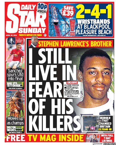 Daily Star Sunday Newspaper Front Page (UK) for 22 April 2018