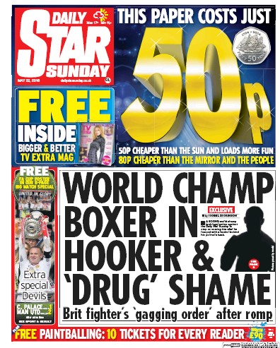Daily Star Sunday Newspaper Front Page (UK) for 22 May 2016