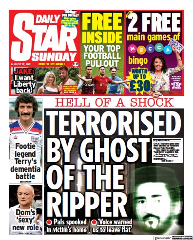 Daily Star Sunday Newspaper Front Page (UK) for 22 August 2021