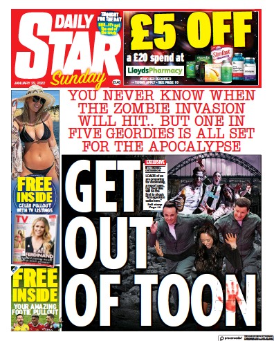 Daily Star Sunday Newspaper Front Page (UK) for 23 January 2022