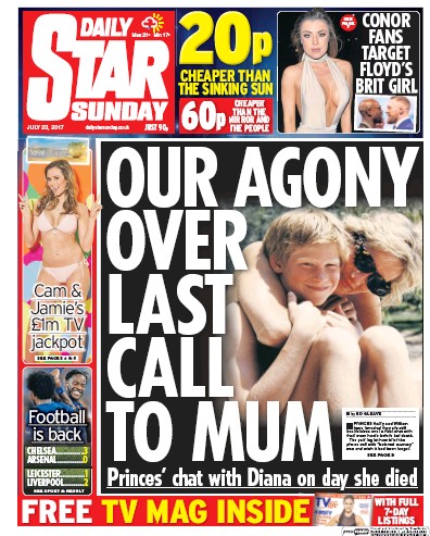 Daily Star Sunday Newspaper Front Page (UK) for 23 July 2017
