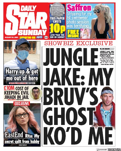 Daily Star Sunday Newspaper Front Page (UK) for 23 August 2020
